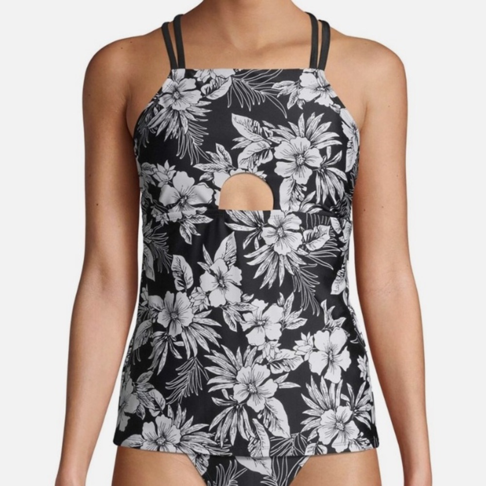 Time and Tru Swimsuit Tankini Top Black/White Floral Size XL